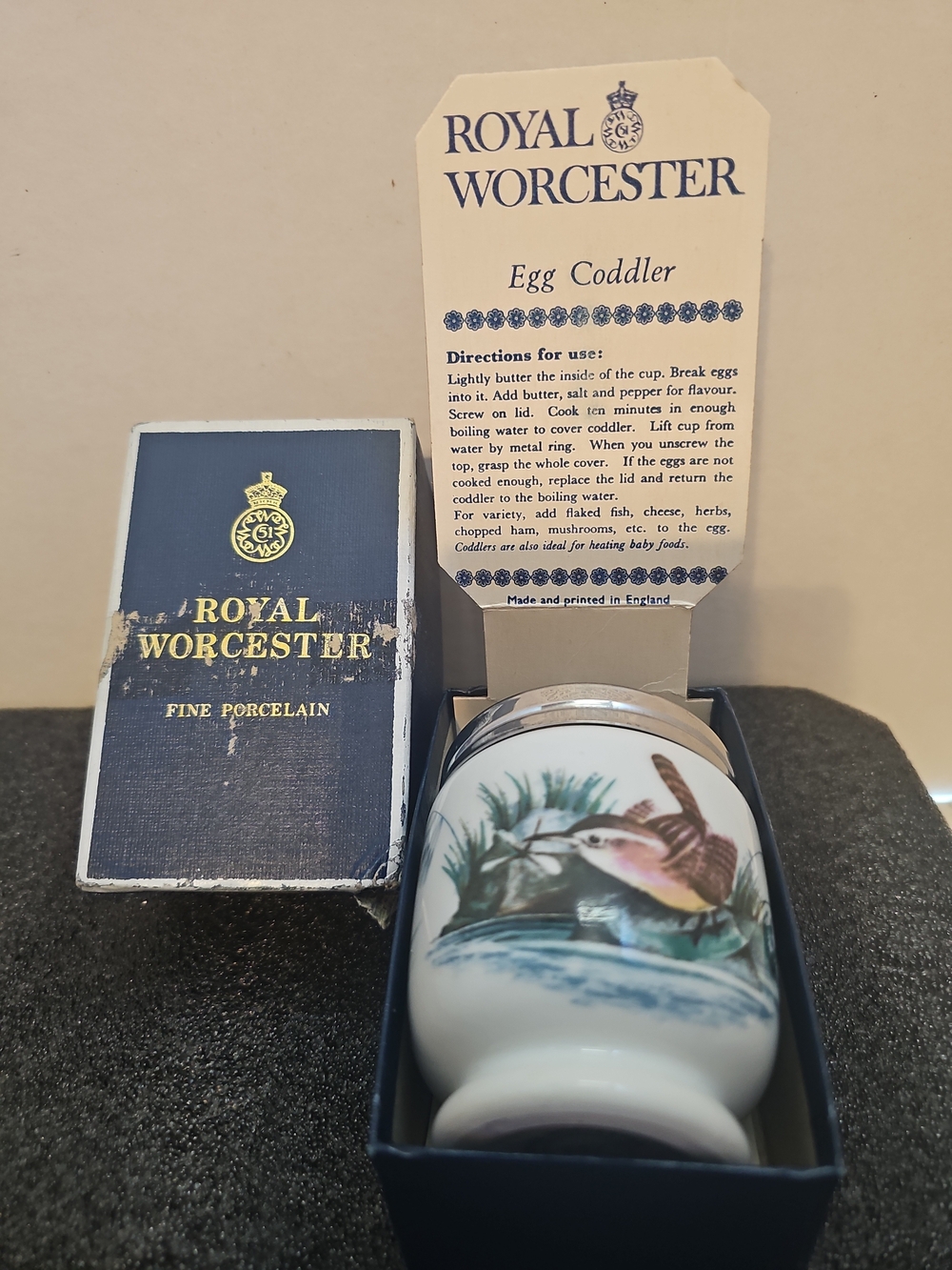 Royal Worcester White Porcelain Egg Coddler with Blue and Pink Bird Illustration
